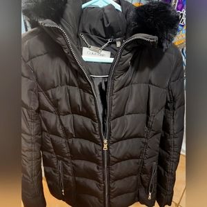 CK women's black coat with attached hood